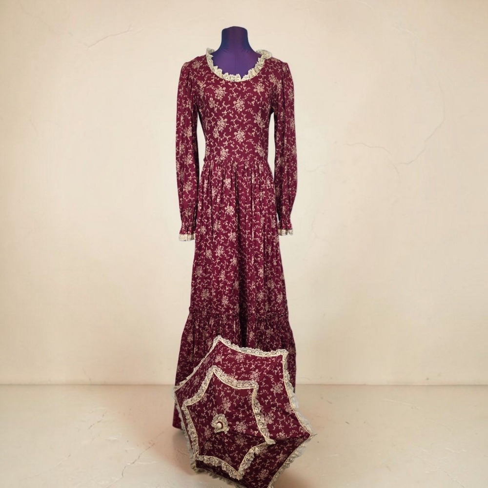 Vintage Burgundy Floral Prairie Maxi Dress with Matching Lace Parasol Set